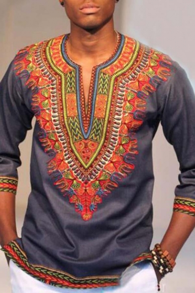 Men's African Stylish Dashiki Print Color Block V-Neck Loose Fit Tribal Style T-Shirt