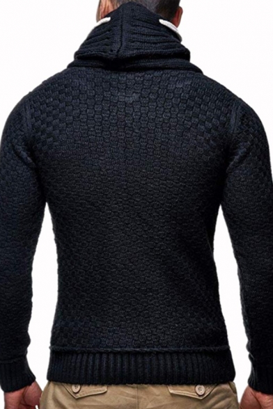 Men's Casual Plain Heap Collar Long Sleeve Cable Knit Pullover Sweater