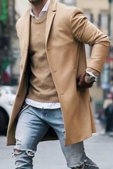 Men's Charming Plain Long Sleeve Notched Collar Single Breasted Longline Wool Coat