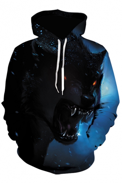 Men's Unique Wolf 3D Printed Long Sleeve Relaxed Loose Pullover Hoodie