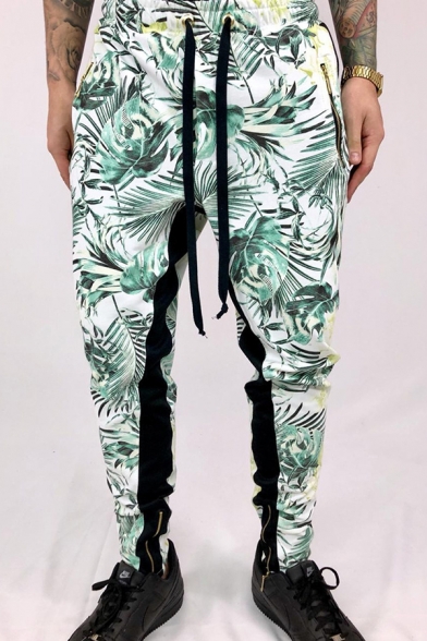 Mens Chic Floral and Leaf Pattern Drawstring Waist Zipper Decoration Stretchy Pants