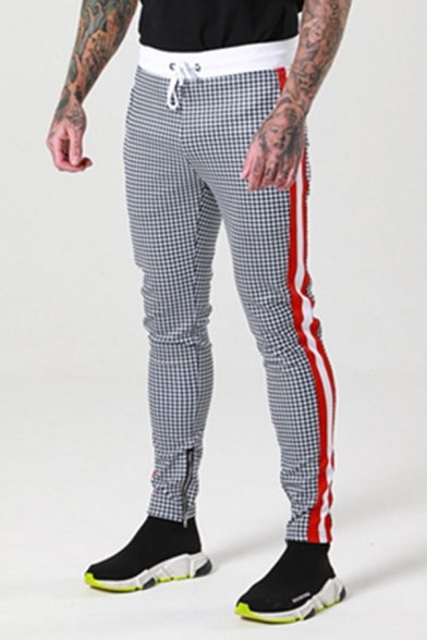 Mens Leisure Contrast Stripe Plaid Printed Drawstring Waist Skinny Fit Fashion Pants