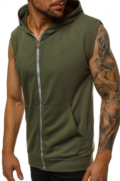 Mens Popular Solid Color Full Zip Sleeveless Hoodie with Pocket