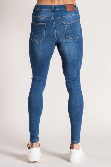 Metrosexual Men's Casual Plain Frayed Shredded Washed Denim Skinny Jeans