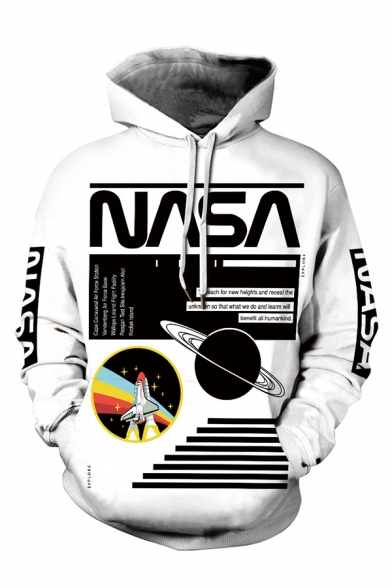 New Fashion NASA Letter Rocket Printed Long Sleeve White Drawstring Hoodie