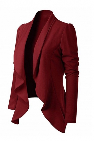Plain Classic Long Sleeve Shawl Collar Slim Fit Draped Front Blazer for Ladies