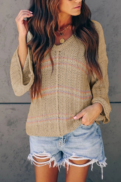 Plain Trendy Bell Sleeve V-Neck Stripe Printed Hollow Knit Loose Sweater Top for Women