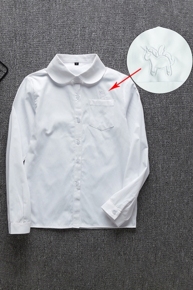 Preppy Girls' Long Sleeve Peter Pan Collar Button Front Pocket Patched Unicorn Embroidered Loose Shirt in White