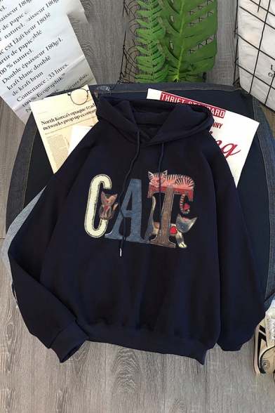 Preppy Looks Long Sleeve Drawstring Letter CAT Graphic Oversize Hoodie for Girls
