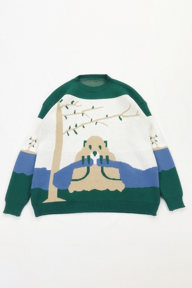 Preppy Stylish Cartoon Marmot and Tree Pattern Long Sleeves Green Oversized Jacquard Sweater