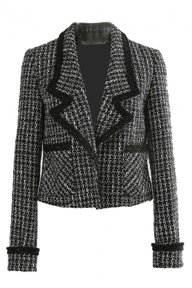 Pretty Fashion Girls' Long Sleeve Peak Collar Patched Pockets Contrast Piped Slim Fit Tweed Blazer in Black