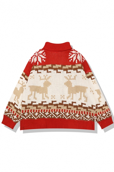Red Pretty Long Sleeve Turtle Neck Deer Floral Pattern Chunky Knit Boxy Pullover Christmas Sweater for Girls