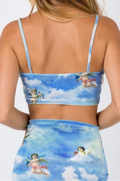 Sexy Fashion Blue Paradise Angel with Flower Printed Cropped Cami Top with Mini Bodycon Skirt