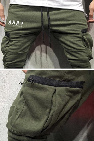 Simple Letter ASRV Print Zipper Pocket Studded Decoration Plain Sport Trousers