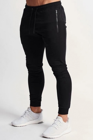 Sport Fashion Plain Zipper Pocket Skinny Fit Drawstring Sweatpants for Men