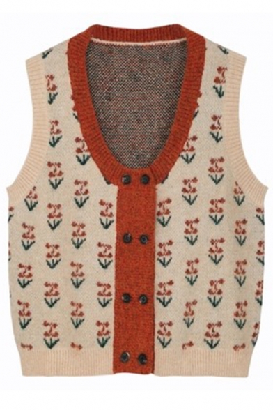 Stylish Ladies' Sleeveless V-Neck Floral Printed Double Breasted Purl-Knit Loose Cardigan Vest in Apricot