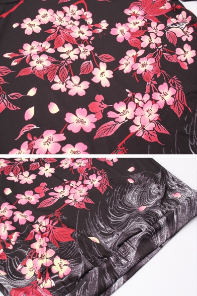 Trendy Flowers and Carp 3D Pattern Long Sleeve Black Drawstring Hoodie