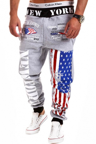 Unique American Flag Letter Printed Drawstring Waist Relaxed Sweatpants for Men