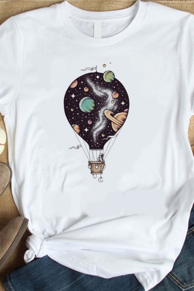 Unique Galaxy Planet Hot Air Balloon Pattern Short Sleeves Crew Neck White T-Shirt