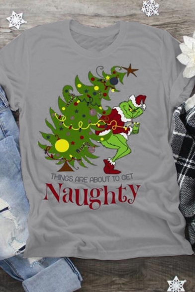 Unique Girls' Rolled Cuff Crew Neck Grinch and Tree Print Letter THINGS ARE ABOUT TO GET NAUGHTY Loose Tee