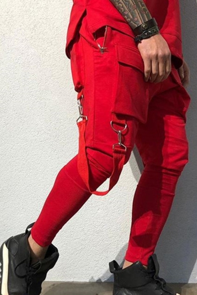 Unique Ribbon Decoration Flap Pocket Skinny Fit Hip Hop Cargo Pants Casual Trousers