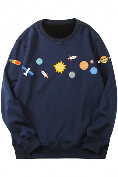 Unisex Chic Universe Planet Printed Long Sleeves Round Neck Oversized Sweatshirt
