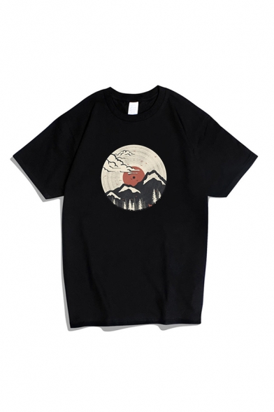 Unisex Creative Illustration Mountain and Sun Printed Short Sleeve Black Leisure T-Shirt