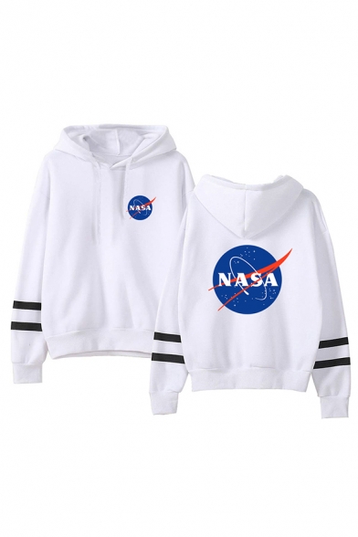 Unisex Fashion NASA Logo Print Long Sleeve Varsity Striped Hoodie in Loose Fit