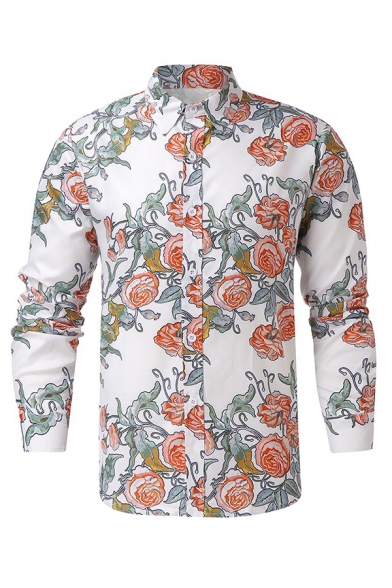 Vintage Floral Sunflower Printed Long Sleeve Slim Fit Button Up Holiday Shirt for Men