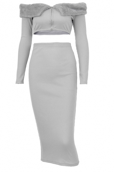 Warm Fluffy Panel Off Shoulder Long Sleeve Zip Front Crop Top with Midi Skirt Gray Co-ords