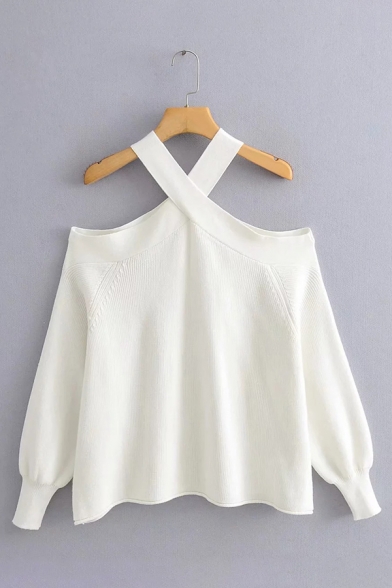White Stylish Long Sleeve Cold Shoulder Halter Rolled Edge Baggy Purl-Knit Pullover Sweater for Ladies