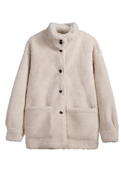 White Thickened Winter Long Sleeve Stand Collar Button Down Pocket Patched Sherpa Fleece Relaxed Fit Coat for Girls