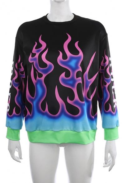Women Punk Cool Long Sleeve Crew Neck ROCK MORE Letter Flame Pattern Loose Fit Pullover Sweatshirt in Blue