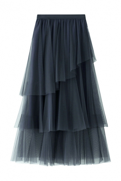 Women's Pretty Elastic Waist Tiered Asymmetric Maxi Plain Pleated A-Line Skirt