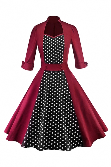 Women's Retro Roll Up Sleeve Sweetheart Sleeve Polka Dot Print Patched Midi Pleated Swing Dress