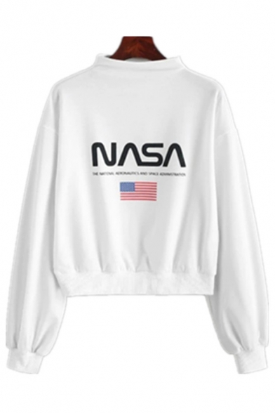 Womens Casual Flag Letter NASA Print Long Sleeve Mock Neck Pullover Sweatshirt