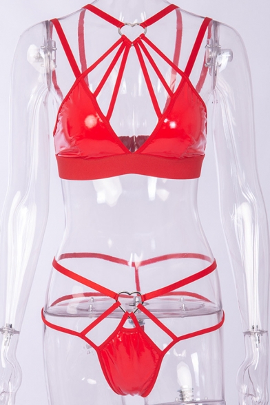 Womens Seductive Plain Red PU Strappy Hollow Out Triangle Bra with Panties Sexy Two Piece Set