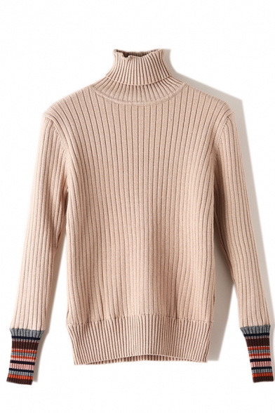 Womens Stylish High Collar Striped Cuffs Long Sleeve Ribbed Knit Slim Fit Winter Sweater