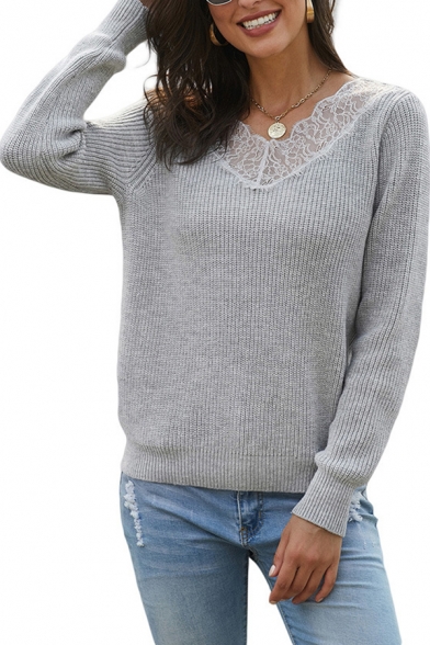Basic Classic Plain Long Sleeve V-Neck Lace Trim Patched Purl Knitted Loose Fit Pullover Sweater for Female