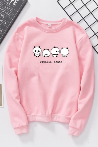 Basic Cute Long Sleeve Crew Neck Panda Print Relaxed Pullover Sweatshirt for Women