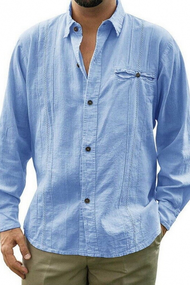 Casual Fashion Plain Long Sleeve False Pocket Decoration Button Up Relaxed Linen Shirt