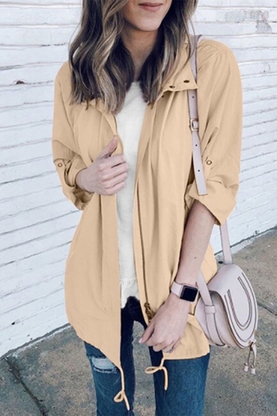 Casual Girls' Long Sleeve Lapel Neck Zip Button Front Drawstring Plain Relaxed Fit Trench Coat