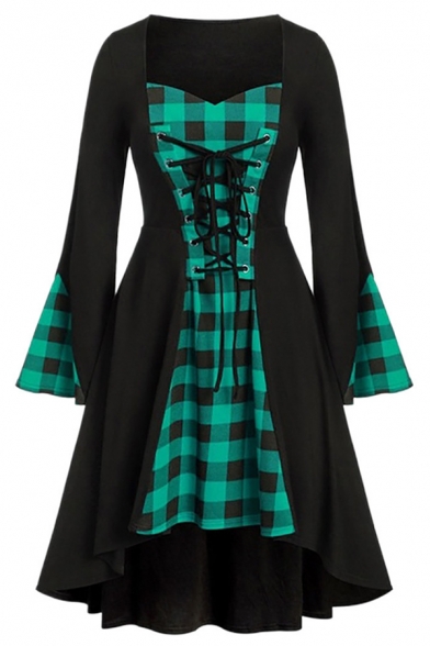 Chic Cool Girls' Bell Sleeve Sweetheart Neck Plaid Pattern Patched Lace Up Midi Pleated A-Line Dress