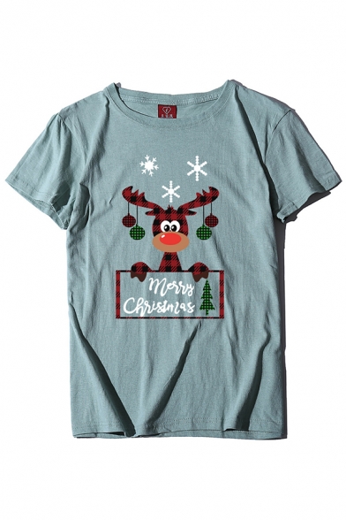 Chic Popular Girls' Short Sleeve Crew Neck Letter MERRY CHRISTMAS Reindeer Printed Relaxed Christmas Tee