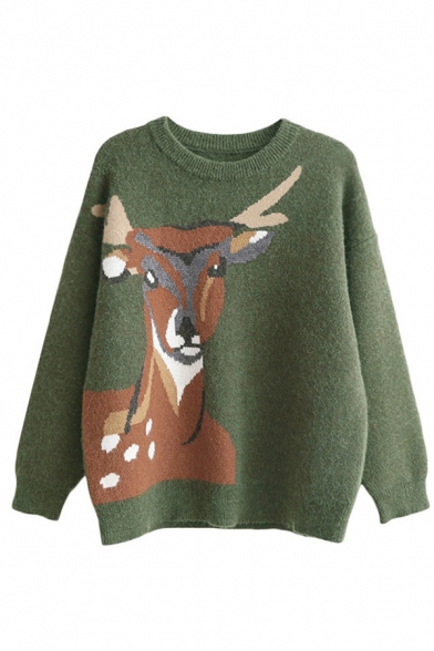 Chic Street Girls' Long Sleeve Crew Neck Deer Patterned Oversize Knit Pullover Sweater in Green