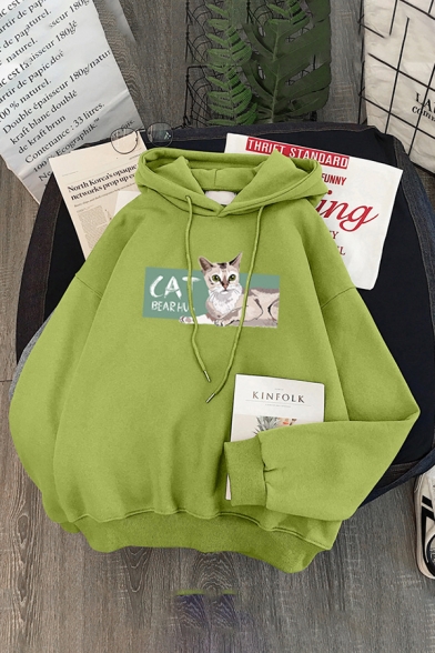 Chic Street Long Sleeve Drawstring Letter CAT Graphic Loose Fit Hoodie for Women