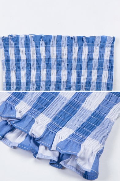 Classic Light Blue Plaid Print Stringy Selvedge Pleated Tube Tank & Mini Skirt Co-ords