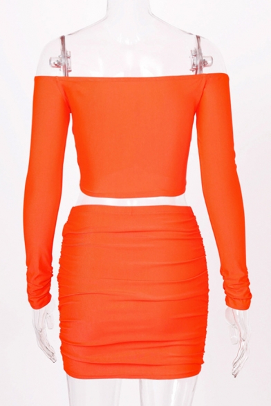 Classic Ruched Front Off the Shoulder Long Sleeves Crop Top with Mini Bodycon Skirt Co-ords