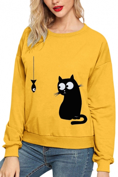 Classic Trendy Ladies' Long Sleeve Round Neck Kitty Fish Printed Loose Daily Pullover Sweatshirt