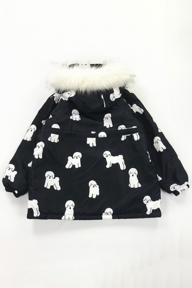 Cool Street Girls' Balloon Sleeve Hooded Zipper Front Puppy Printed Flap Pockets Fluffy Thick Oversize Parka Coat in Black
